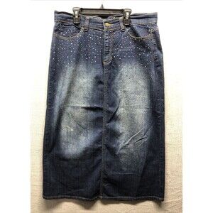 Jamie Nicole Denim Midi Skirt Women’s 14 Distressed Rainbow Rhinestone Y2K Bling